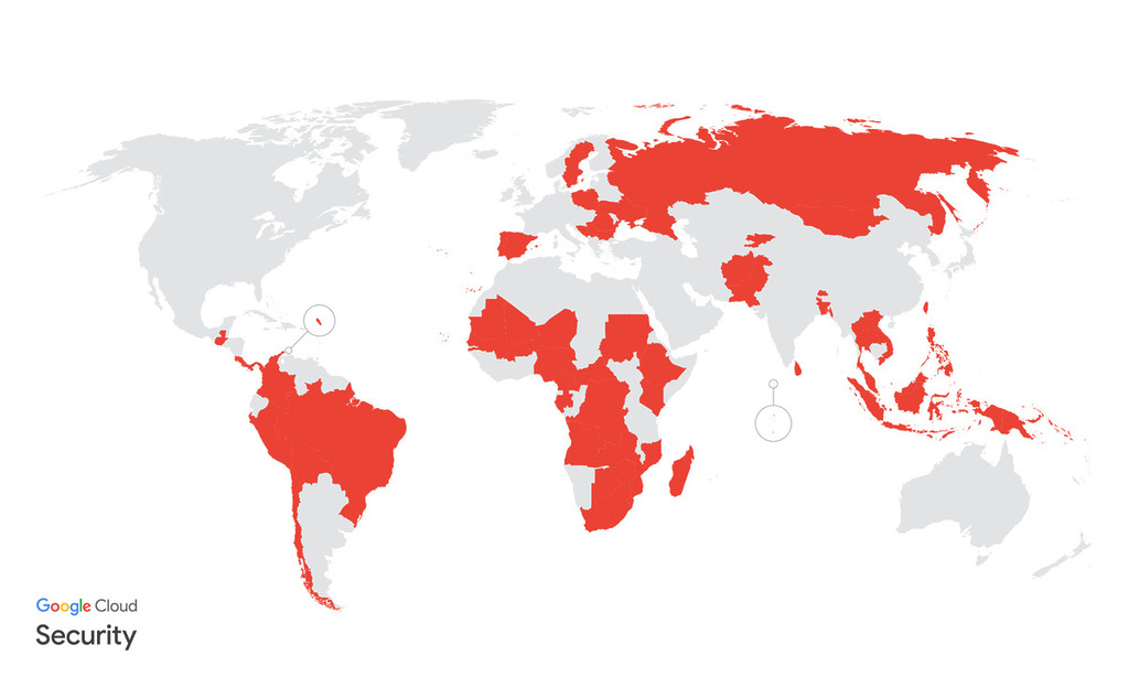疑似或已確認 UNC2814 受害者所在國家，橫跨 4 大洲至少 42 個家。