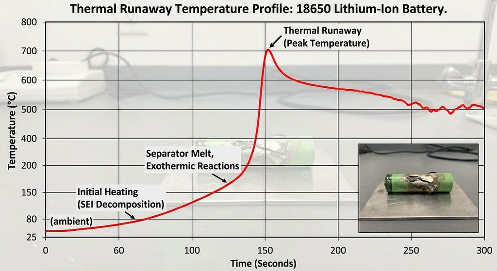 一旦出現熱失控,電池核心溫度可達 700°C 甚至更高,噴出的物質不僅燙到能融化金屬,還會釋放有毒氣體如氫氟酸和一氧化碳。