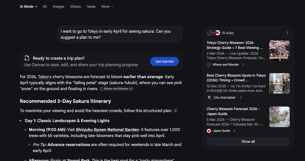 以英語要求建立旅行計劃，就會顯示 Get started 按鈕，可啟動 Canvas。