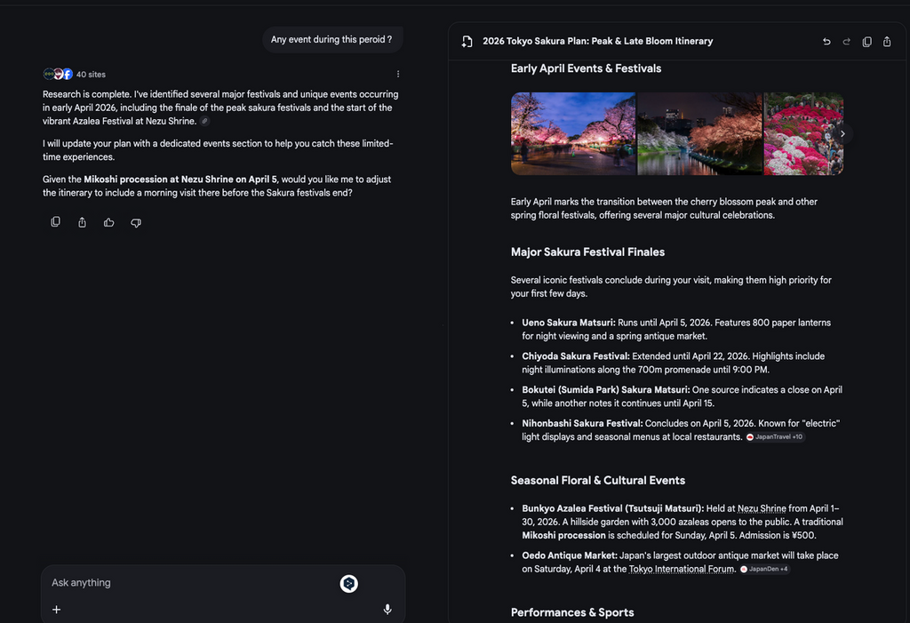 查詢那段期間有甚麼活動，右邊的行程計劃會即時更新。