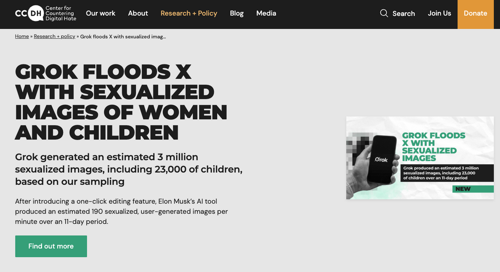 年初有團體揭發惡意分子利用 Grok 的圖像生成功能大量生成色情圖像，當中甚至有不少兒童色情圖像。