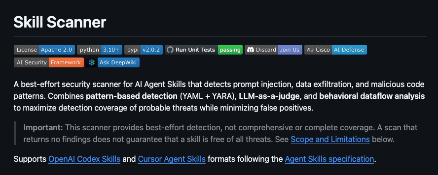 Cisco 開源的 Skill Scanner 試圖為 Skill 的安全性進行檢查。