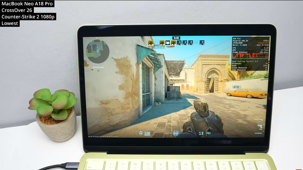 MacBook Neo 在遊戲效能上的不足,例如 Counter-Strike 2 只有約 5fps。