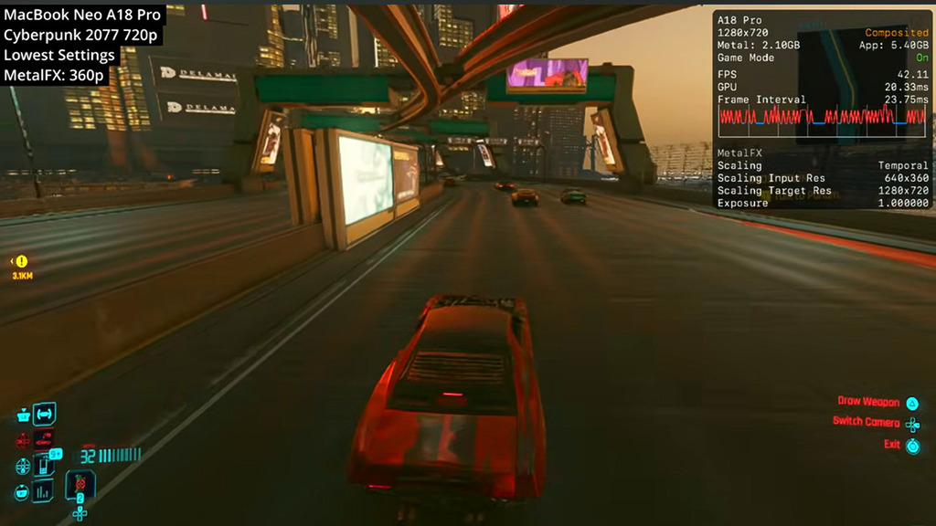 這部採用 A18 Pro 處理器的 MacBook Neo 竟可達到 30-40fps 的「勉強可玩」程度,可說是「奇蹟」。