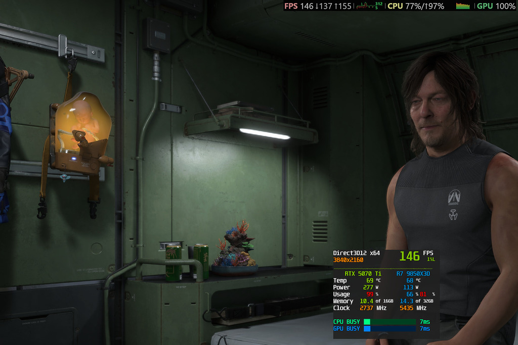 RTX 5070 TI 16GB @ 4K DLSS 效能，預設「非常高」。