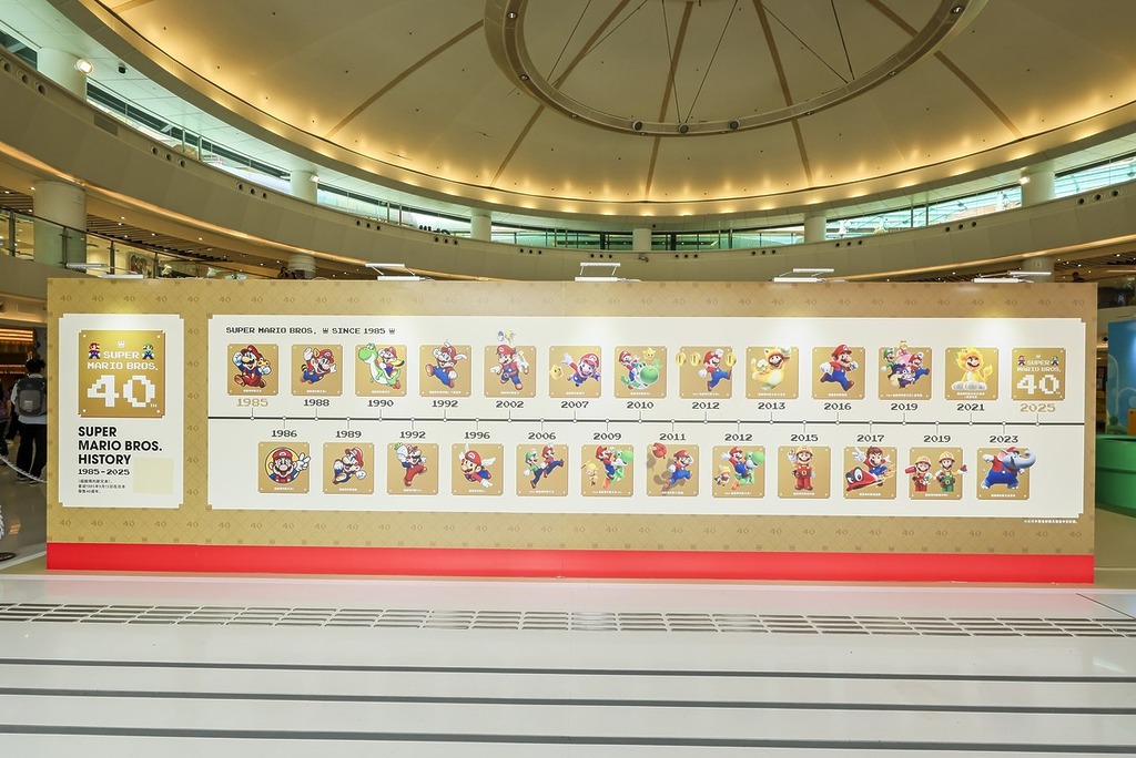 首次設置「超級瑪利歐兄弟 40 週年歷史回顧牆」 回顧瑪利歐 40 年。