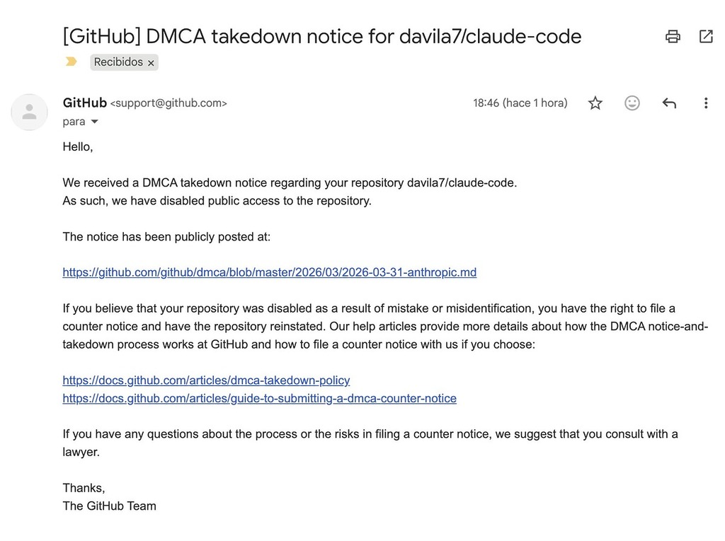 GitHub 在收到 Anthropic 發出的 DMCA 版權通知後立即採取行動，封閉直接鏡像的儲存庫，多個 repo 已被下架或變黑。