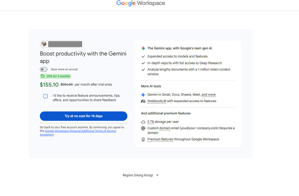 Google Workspace 帳戶包括每月 100 萬個 AI Token，可使用整合了 Gemini AI 的 Docs、Gmails、Sheets 及 Meets 等 Google 應用，還包括 AI 影片創作工具 Google Vids