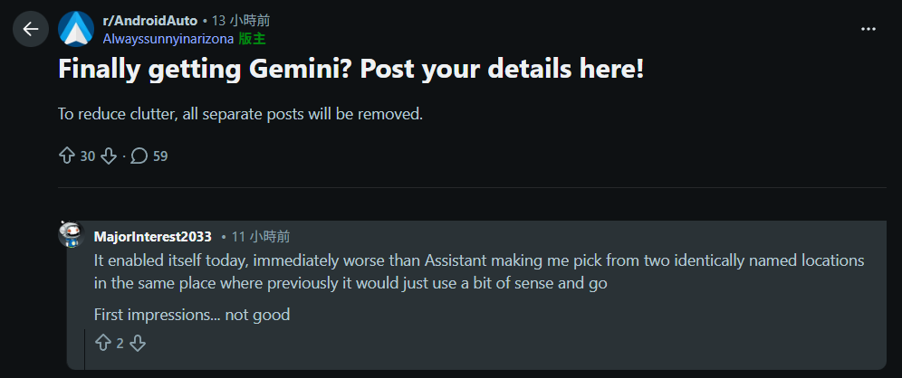 有用家提到 Gemini 可能無法在兩個相同名稱的地點之間做出選擇。