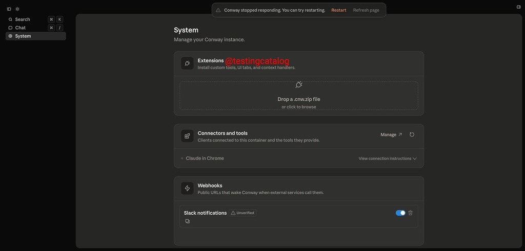 從洩露的畫面截圖顯示 Conway 支援 CNW ZIP 擴展、連接器和 WebHook。（圖片來源：Testing Catalog）