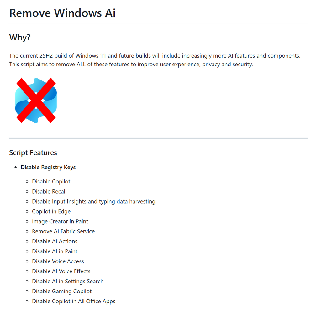 開源的《Remove Windows Ai》可為沒有打算使用 Winsdows Copilot 的用戶強制清除 Copilot 、Recall 等 AI 元件。