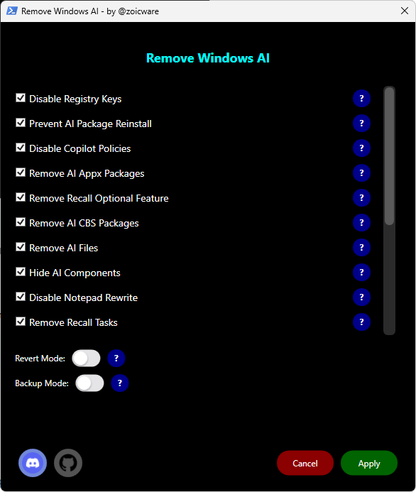 Remove Windows Ai 的界面。