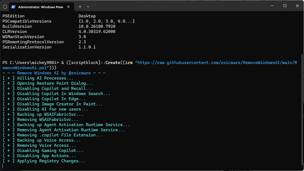 確認後執行，腳本會自動處理登錄檔、Appx 套件、CBS 套件及檔案，需時幾分鐘。