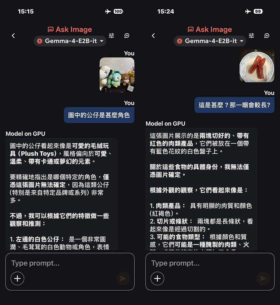 當問到能否辨認公仔的角色時，Gemma 4 似乎就無法辨認到到相片中的公仔其實是 Snoopy 和輕鬆小熊。而另一測試，看看圖中的臘腸，雖然 Gemma 不能分辨到甚麼是臘腸，但會懂得判斷它是屬於醃製肉類食品，並能說出右邊的臘腸較長一點。