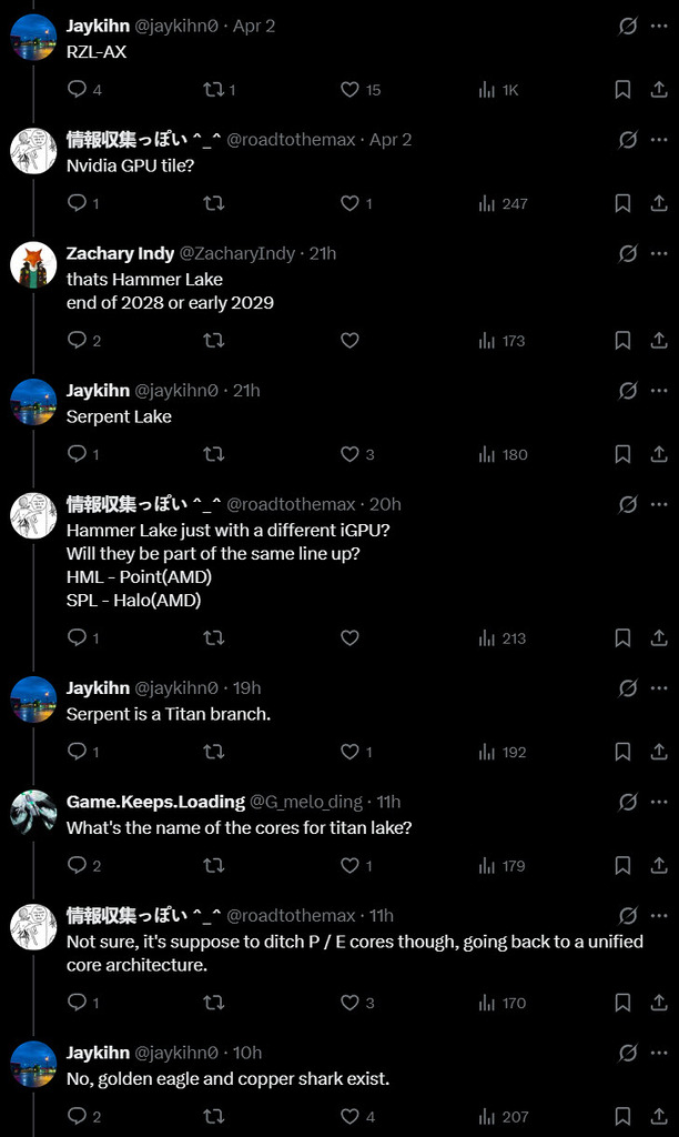 爆料者 Jaykihn 指未來下一代 P-Core 的微架構代號是「Copper Shark」，而 E-Core 則名為「Golden Eagle」。