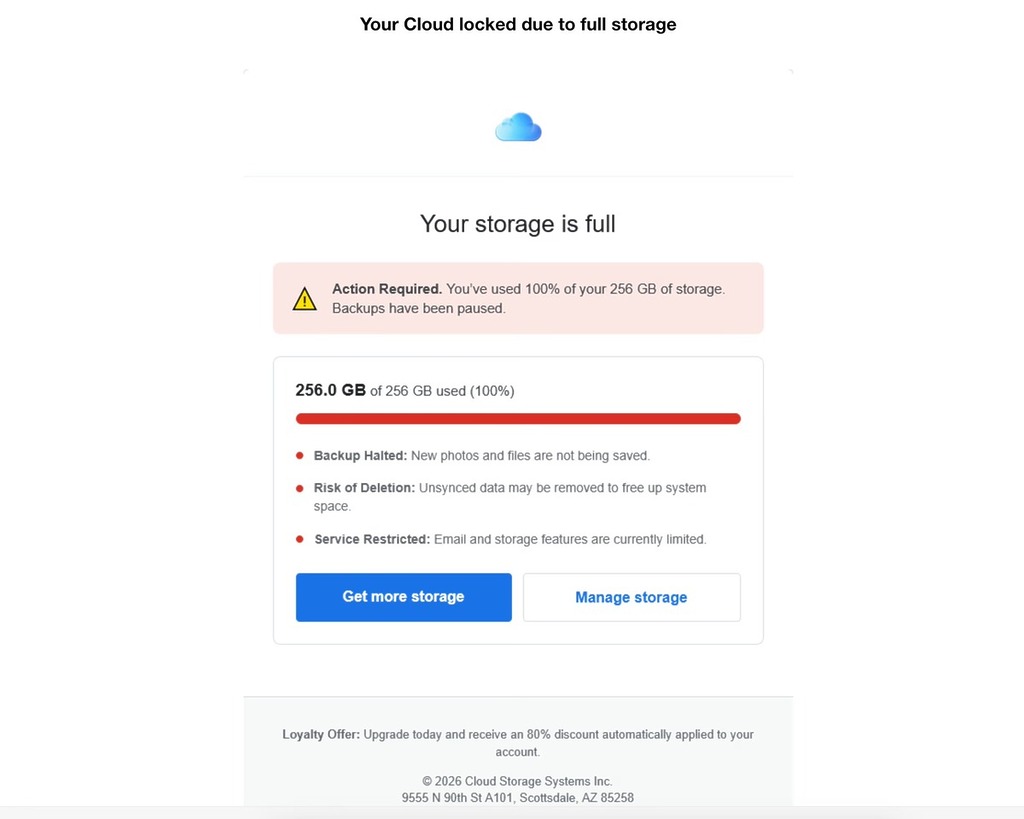 偽冒 Apple 發出的詐騙電郵,恐嚇 Apple 用戶帳戶即將被刪除,從而套取用戶的登入密碼和信用卡資料。