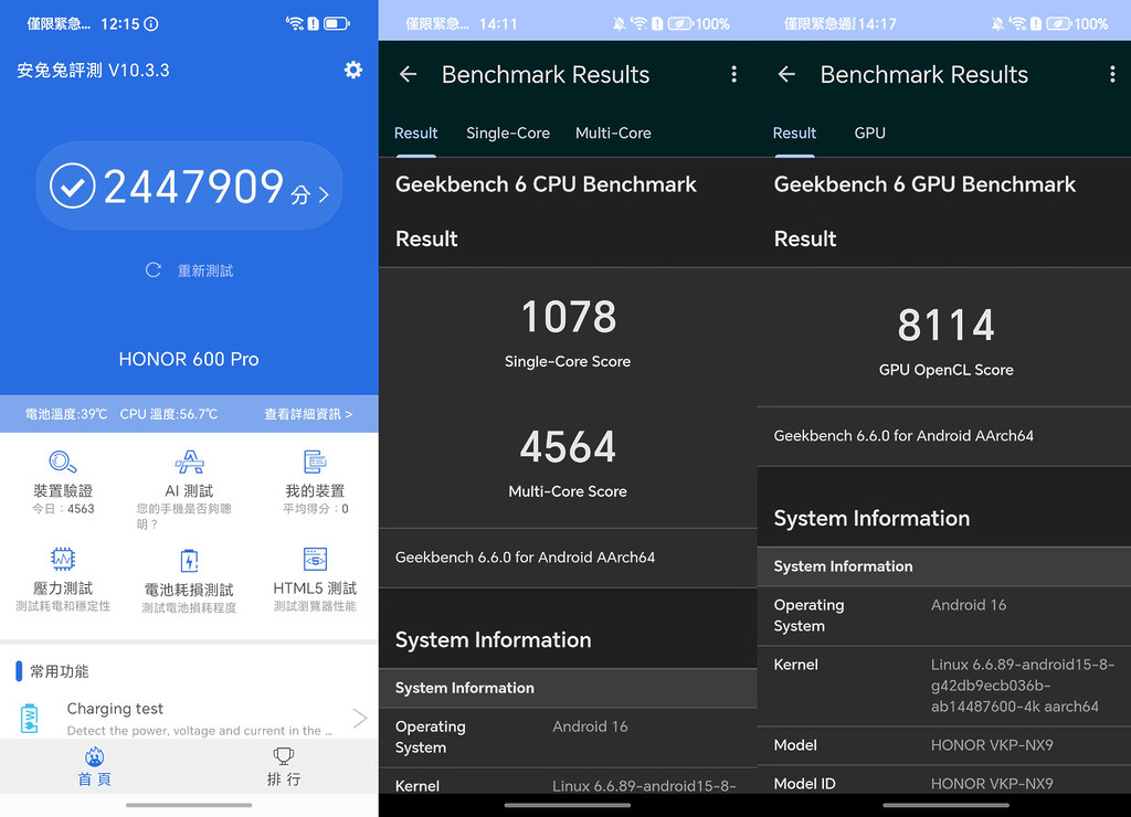 Antutu 跑分測試分數為 240 萬分。Geekbench 6 的 CPU 測試為 1,078（單核）、4,564（多核），GPU 測試為 8,114。