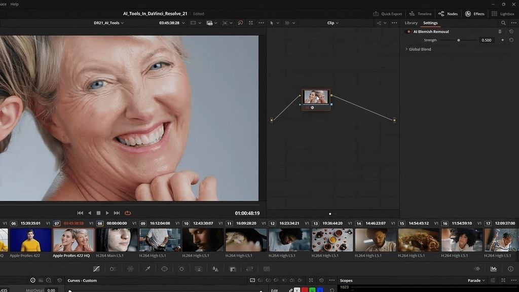 有些演員需要後製幫忙去斑去皺，現在 DaVinci Resolve 21 內置了美顏去除皮膚瑕疵工具 Blemish Remover 就更方便了。