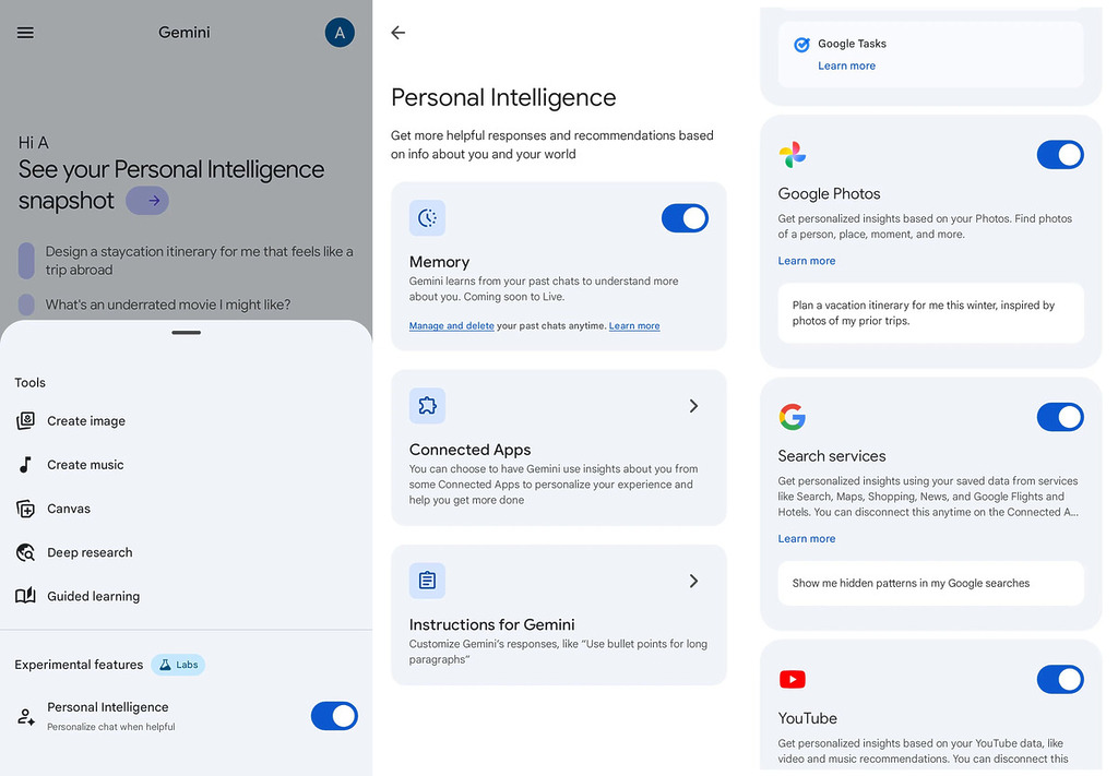 在 Gemini 設定內可選擇是否連結程式。