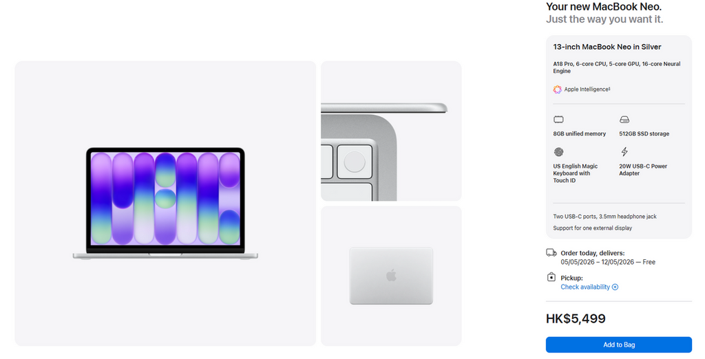 目前預訂 MacBook Neo 要等 3-4 星期才有貨。