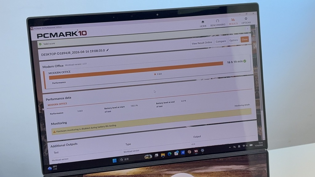 在《PCMark 10》「Modern Office」電池測試中，在雙屏模式仍然達到 16 小時以上的使用時間。