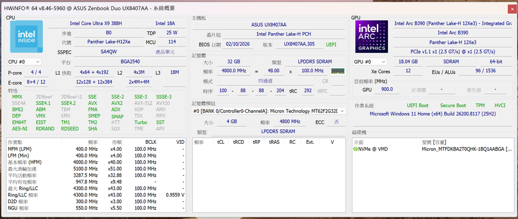 搭載最新 Intel Core Ultra X9 388H 處理器平台