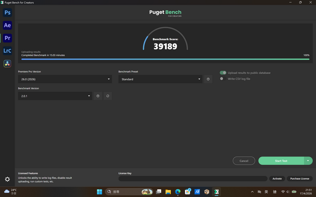 Puget Bench Pr 測試得分 39189。