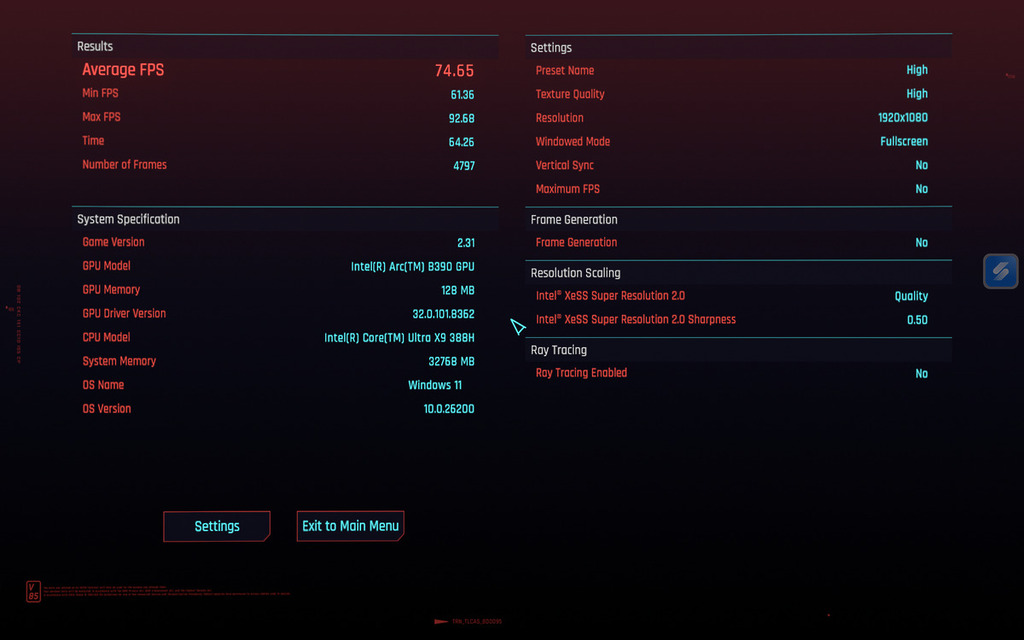 Cyberpunk 2077 FHD -HIGH 得分 74.65fps。