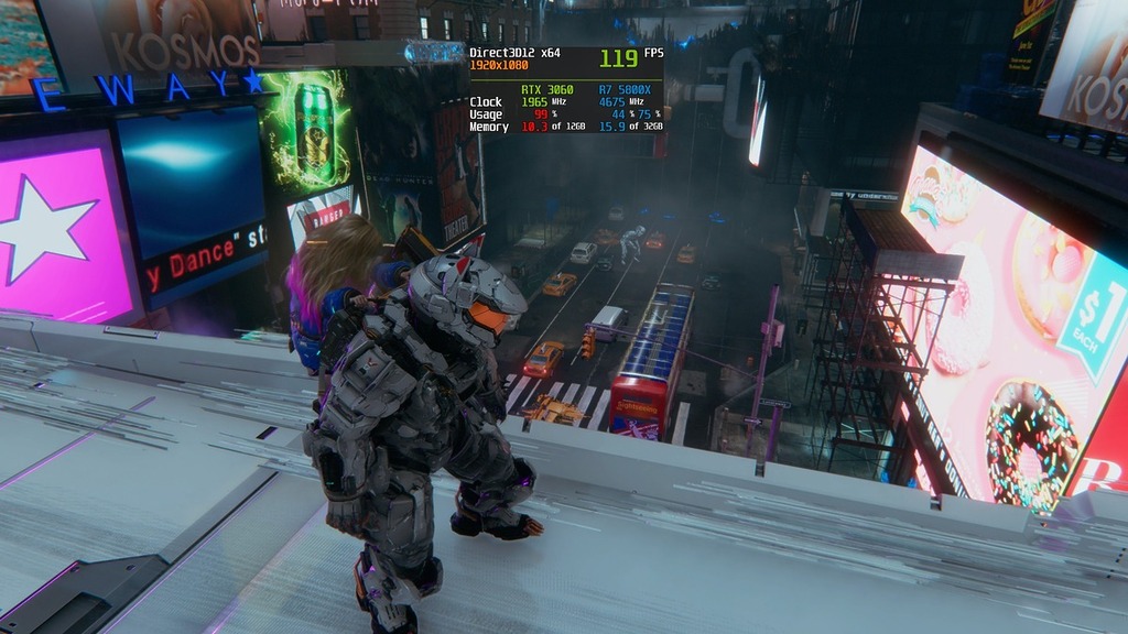 GeForce RTX 3060 12GB，FHD「畫質優先」＋ DLSS 畫質+AMD FSR，有接近 120FPS。