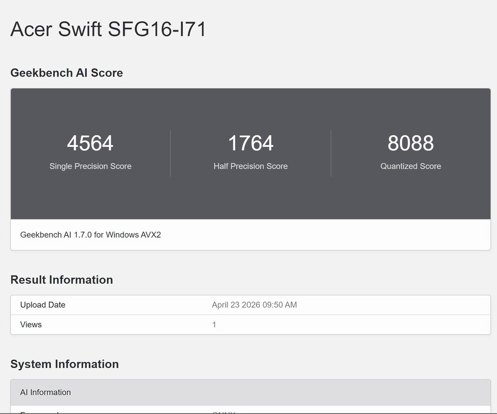 Geekbench AI 量化分數為 8,088，超出不少新機。