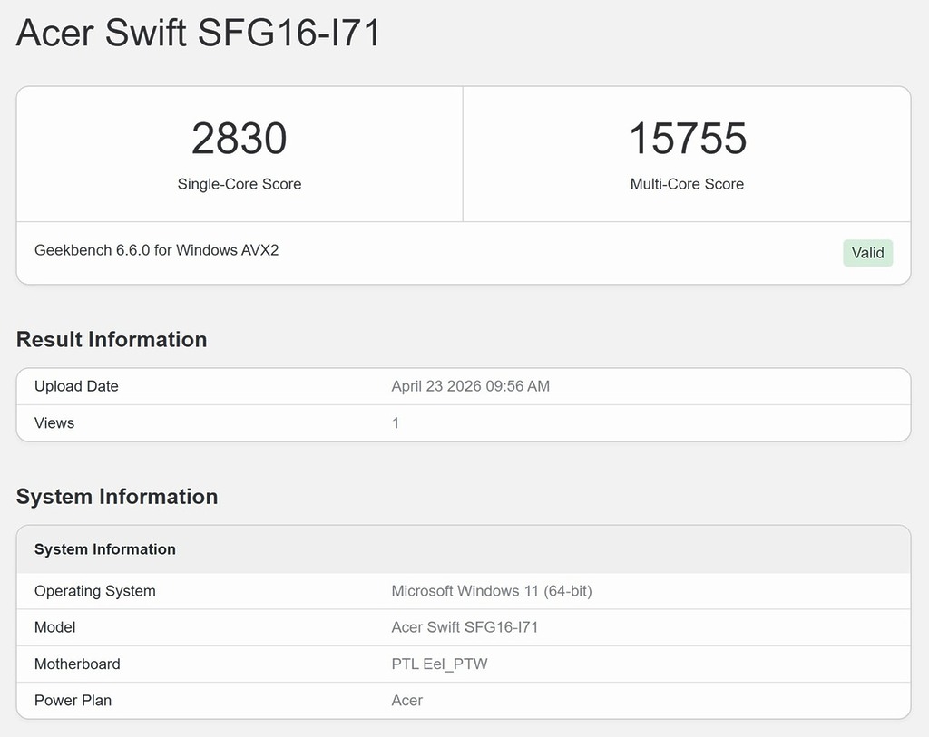 Geekbench 單核及多核分別取得 2,830 及 15,755 分，成績理想。