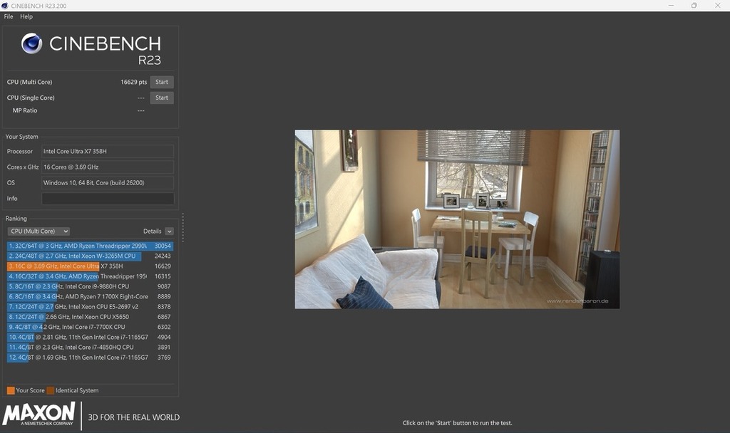 Cinebench 多核跑分達 16,629pts，竟然力壓測試參考的 AMD Ryzen Threadripper 得分。