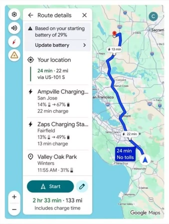Google Maps 會按估算電量,顯示沿途的充電站建議,並提供充電時間參考。