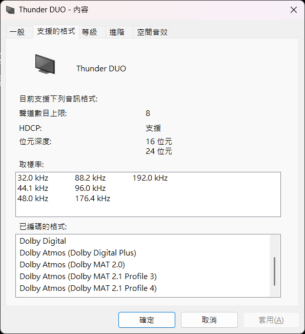 以 HDMI 連接至 Windows 11 電腦，可以看到 Thunder DUO 支援的音效格式，包括 Dolby Digital、Dolby Digital Plus、Dolby True HD、Dolby ATMOS（Dolby Digital Plus、MAT 2.0、MAT 2.1 Profile 3 及 MAT 2.1 Profile 4），基本上現時 Dolby 主流的音效格式都一網打盡。