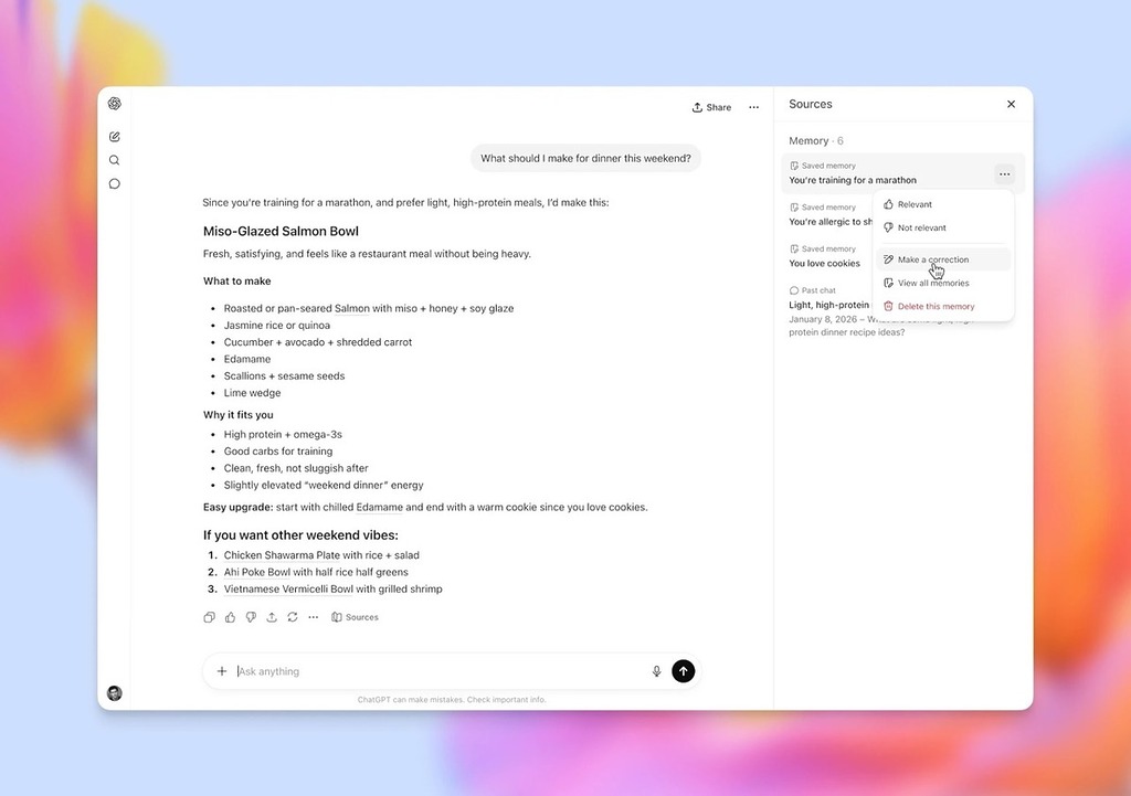 全新「Memory Sources」功能讓用戶可查看、編輯或刪除用於個人化的來源，確保完全掌控權。