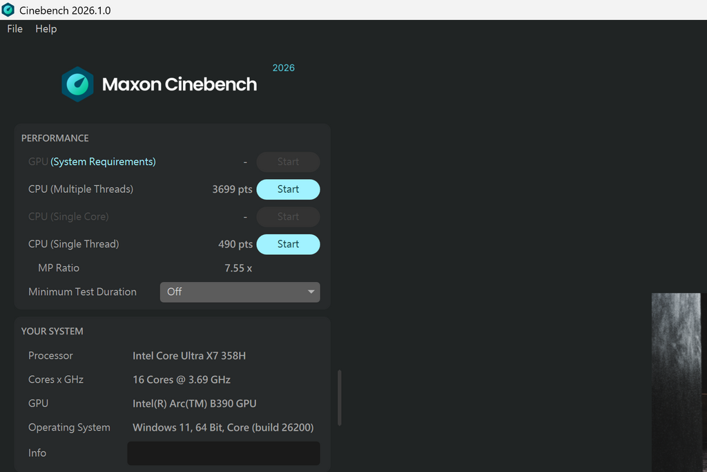CineBench R26 -nT 得分 3699。