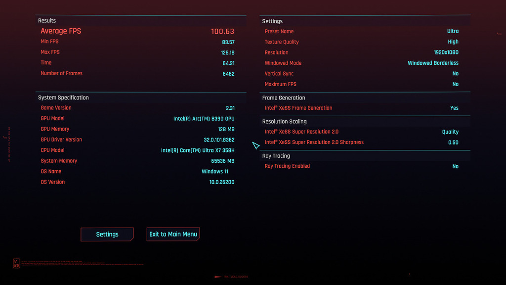 Cyberpunk 2077 -Ultra FHD 得分 100.63fps，啟用到 XESS 升頻及影格生成。