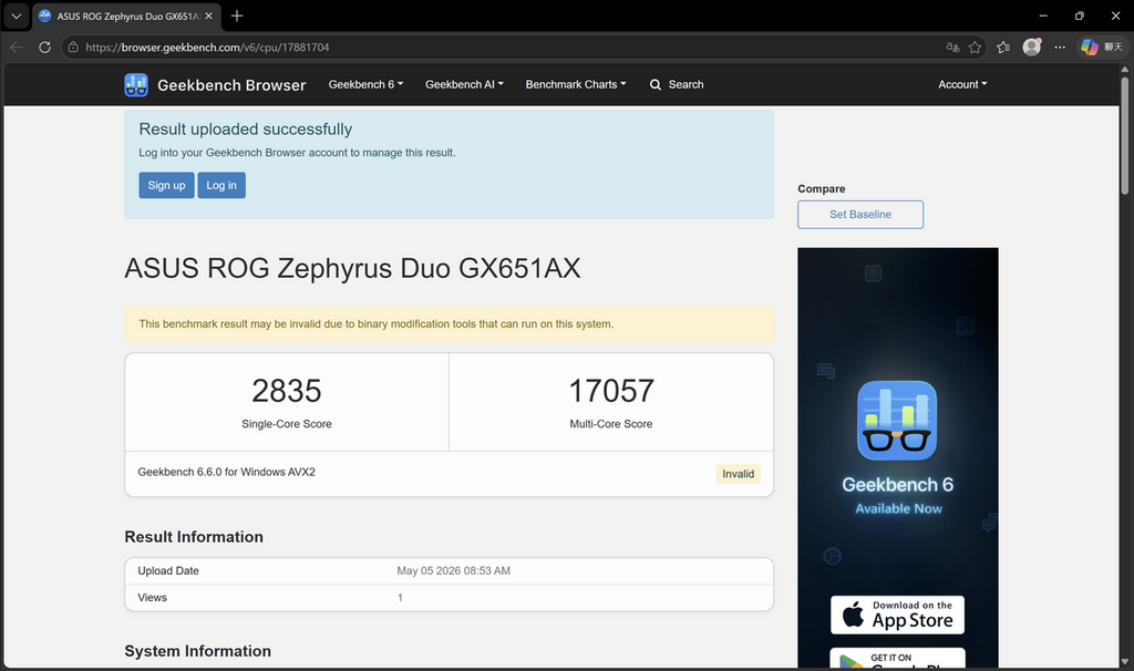 Geekbench 單核及多核分別取得 2,835 及 17,057 分，成績同樣出色。