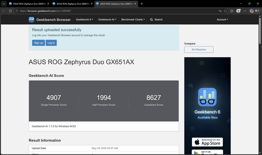 Geekbench AI 量化分數為 8,627，與採用 Intel Core Ultra X7 358H 的新機接近。