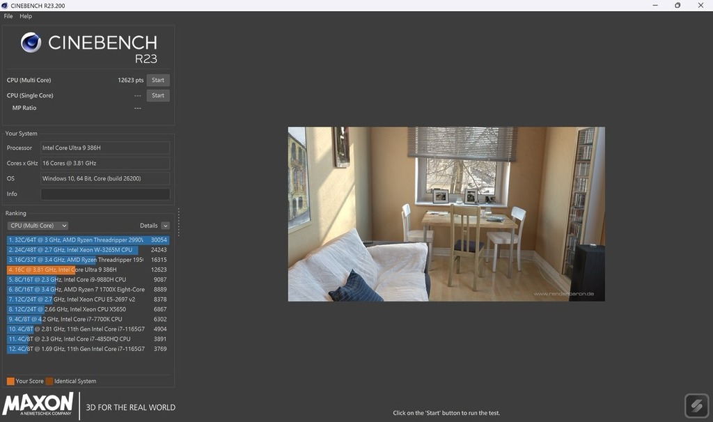 Cinebench 多核跑分約 12,623pts，與 AMD Ryzen 9 5980HS 得分約 12,844pts 相若。