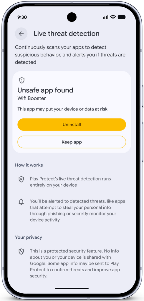 Live Threat Detection（即時威脅感測）利用裝置端 AI 即時分析 App 行為，發現應用作出可疑行為即會發出警告。