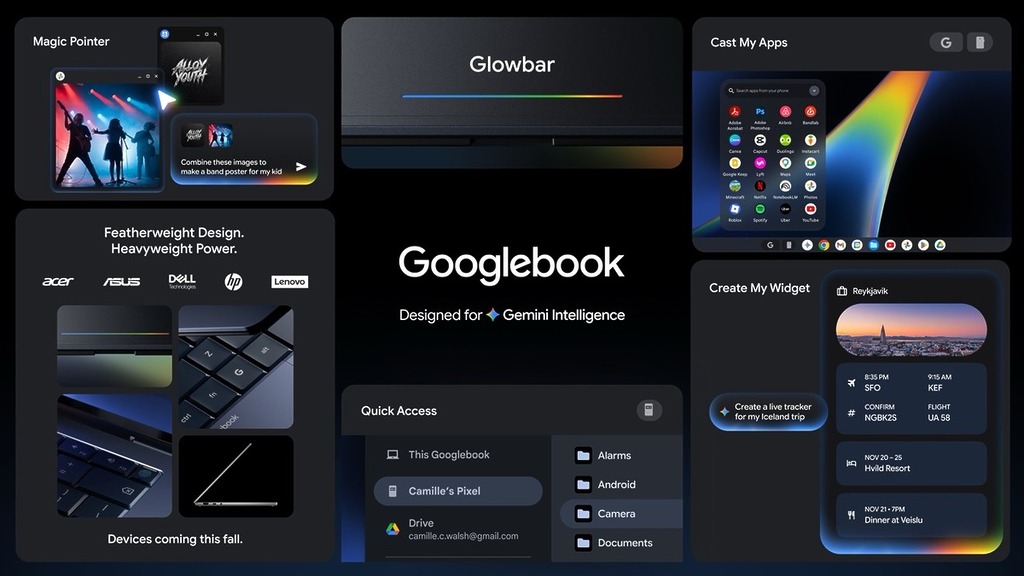 Googlebook 強調專為 Gemini Intelligence 設計，並深度整合 Android 生態。