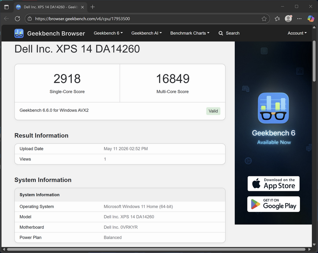 Geekbench 單核及多核分別取得 2,918 及 16,849 分，成績理想。