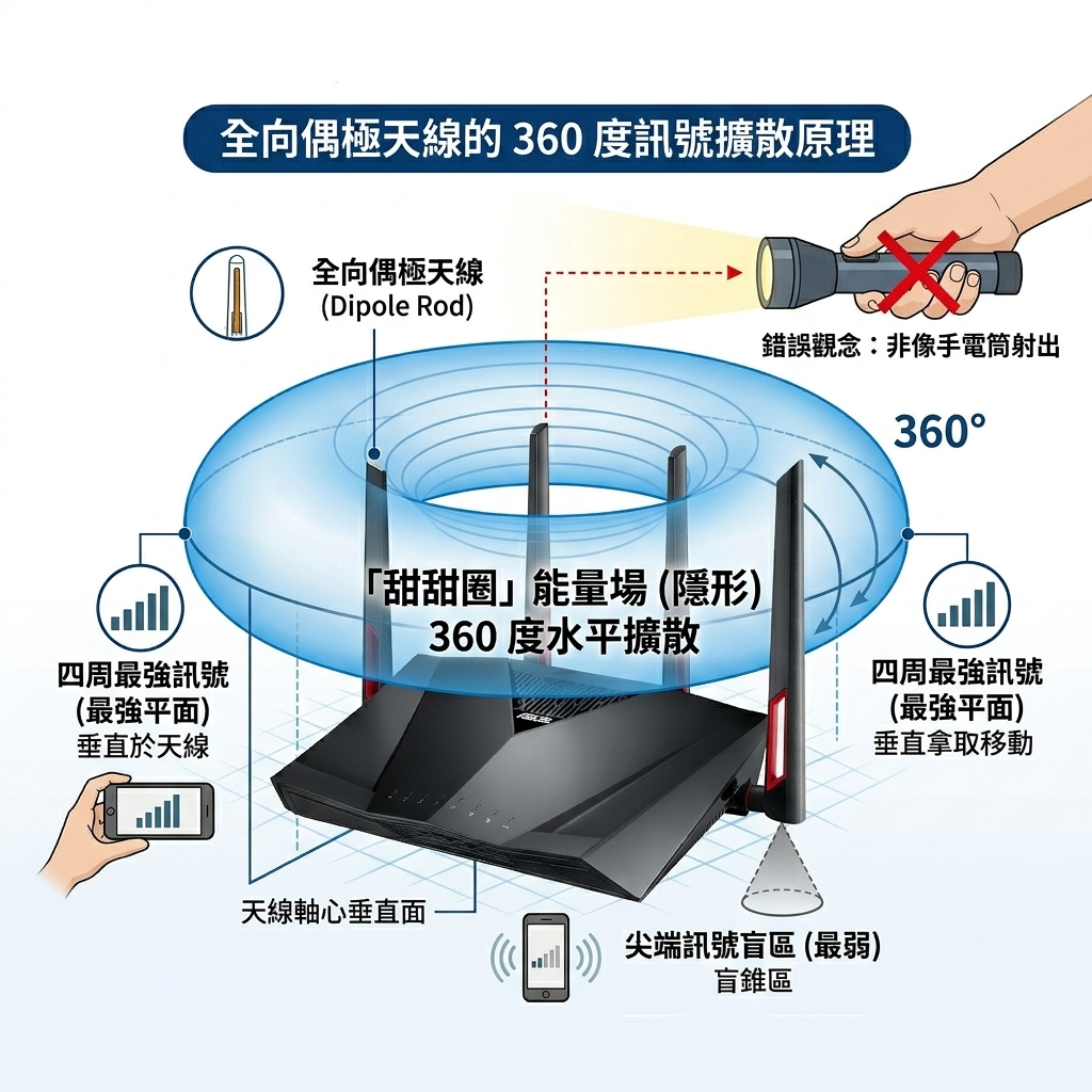 原來只要簡單地將天線垂直(90 度)立起時,這個隱形的甜甜圈就會水平地橫向覆蓋整個房間,此時裝置垂直於天線的四周能接收到最強的訊號。