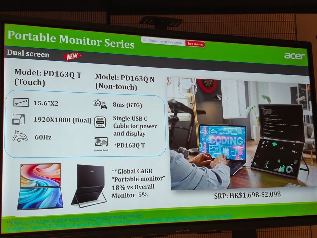 Acer PD163QT 以雙層上下式設計,大大擴展用家視野。