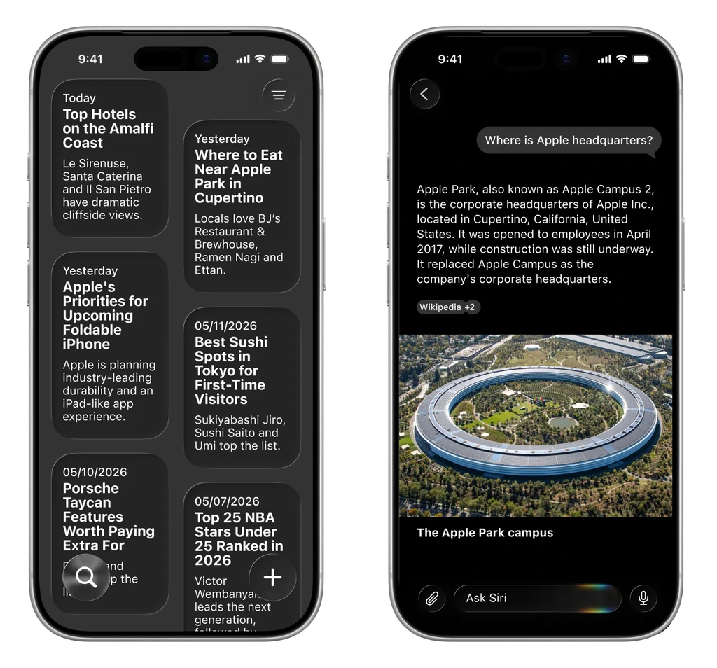 用戶可以進一步下滑進入獨立的 Siri App。其介面與 ChatGPT、Google Gemini 相似,具備對話歷史紀錄