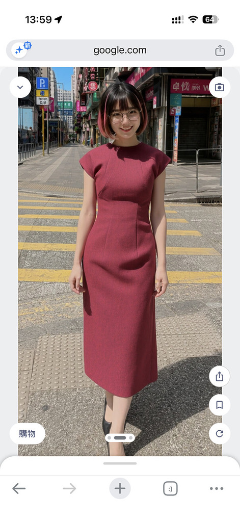 完成圖。不過要留意如果選擇是上衣或下身部分,Google 是會以黑色的衣服來配搭,不會沿用用戶身上原本的上衣/下身服裝和鞋襪的。覺得合襯的話可以點擊左下角「購買」按鈕直接到商家的網店購買。