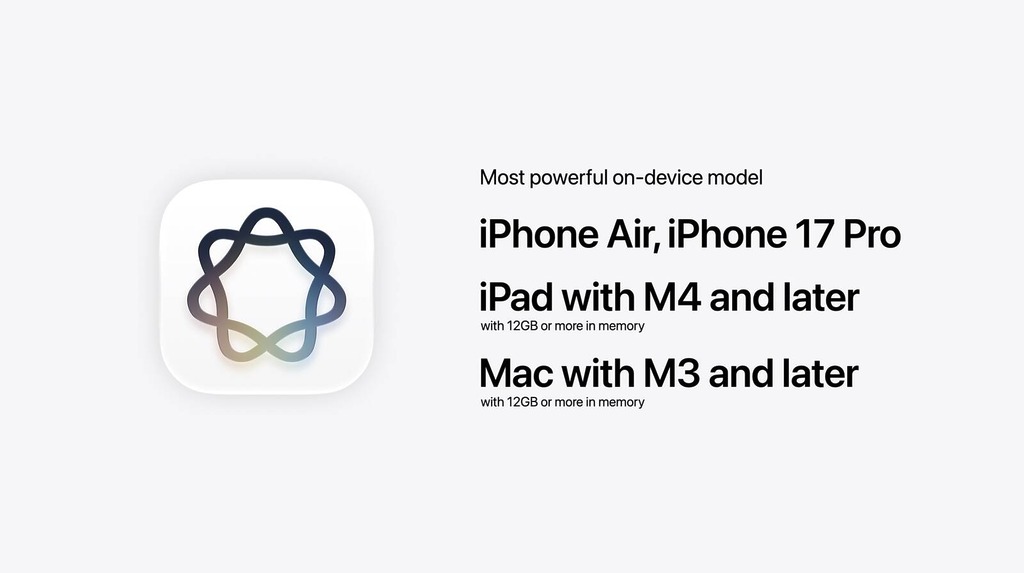 功能更強大的裝置端模型 (On-Device Model) 僅限於較新的 iPhone Air、iPhone 17 Pro 系列、 iPad (M4 或以上) 和 Mac (M3 或以上) 的裝置。