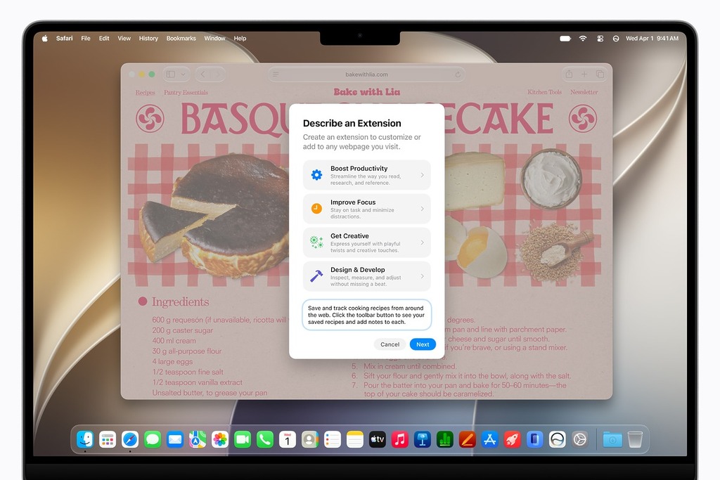 「Describe an Extension」讓用戶可透過自然語言,建立個人化的 Safari 的擴展功能(插件)。