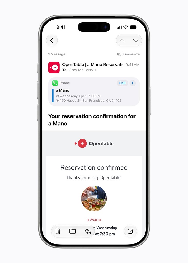 郵件 (Mail) 會根據郵件內容提供更精準的操作建議,支援第三方 App。